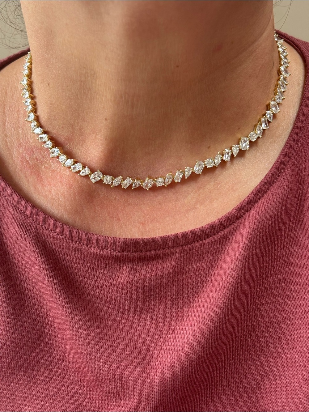 Gold Tennis Choker Necklace with White Stones - Women's Jewelry
